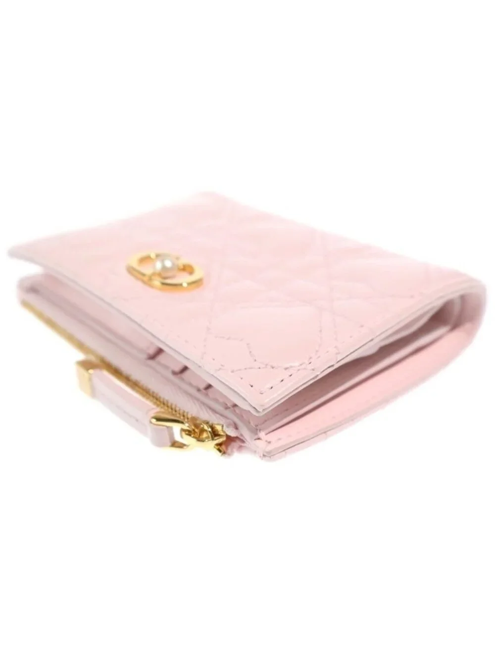 Dior Heart Dahlia Wallet Compact Bifold Coin Case Light Pink Lambskin Gold - Picture 5 of 6